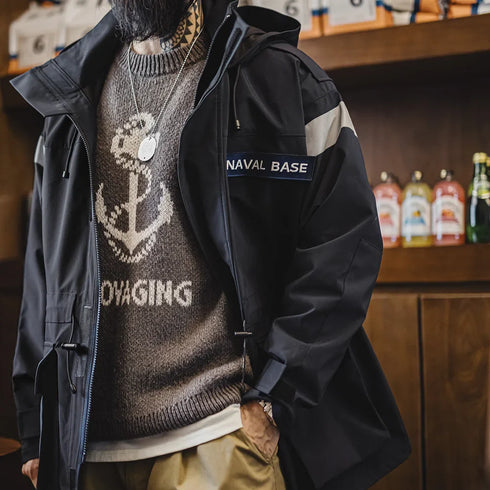 Retro mid-length navy parka with windproof hood and reflective strips.